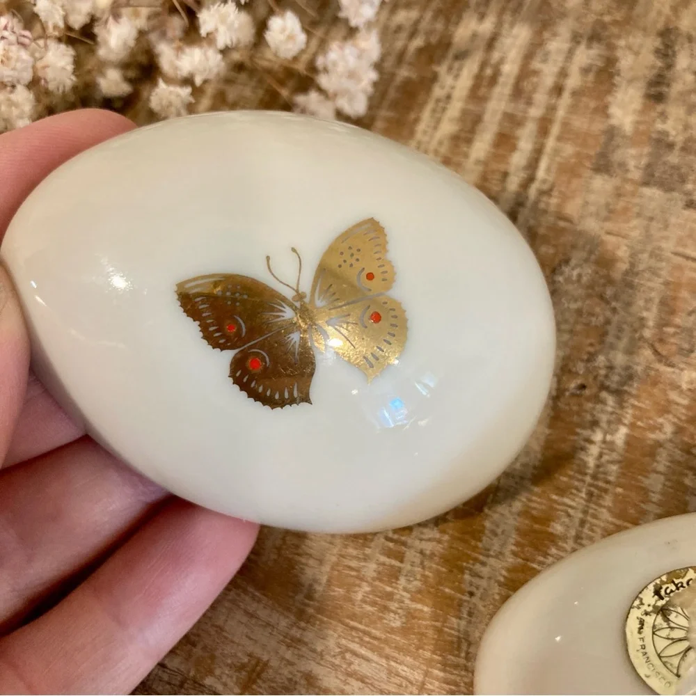 Takahashi Ceramic Egg Trinket Box with Gold Butterfly